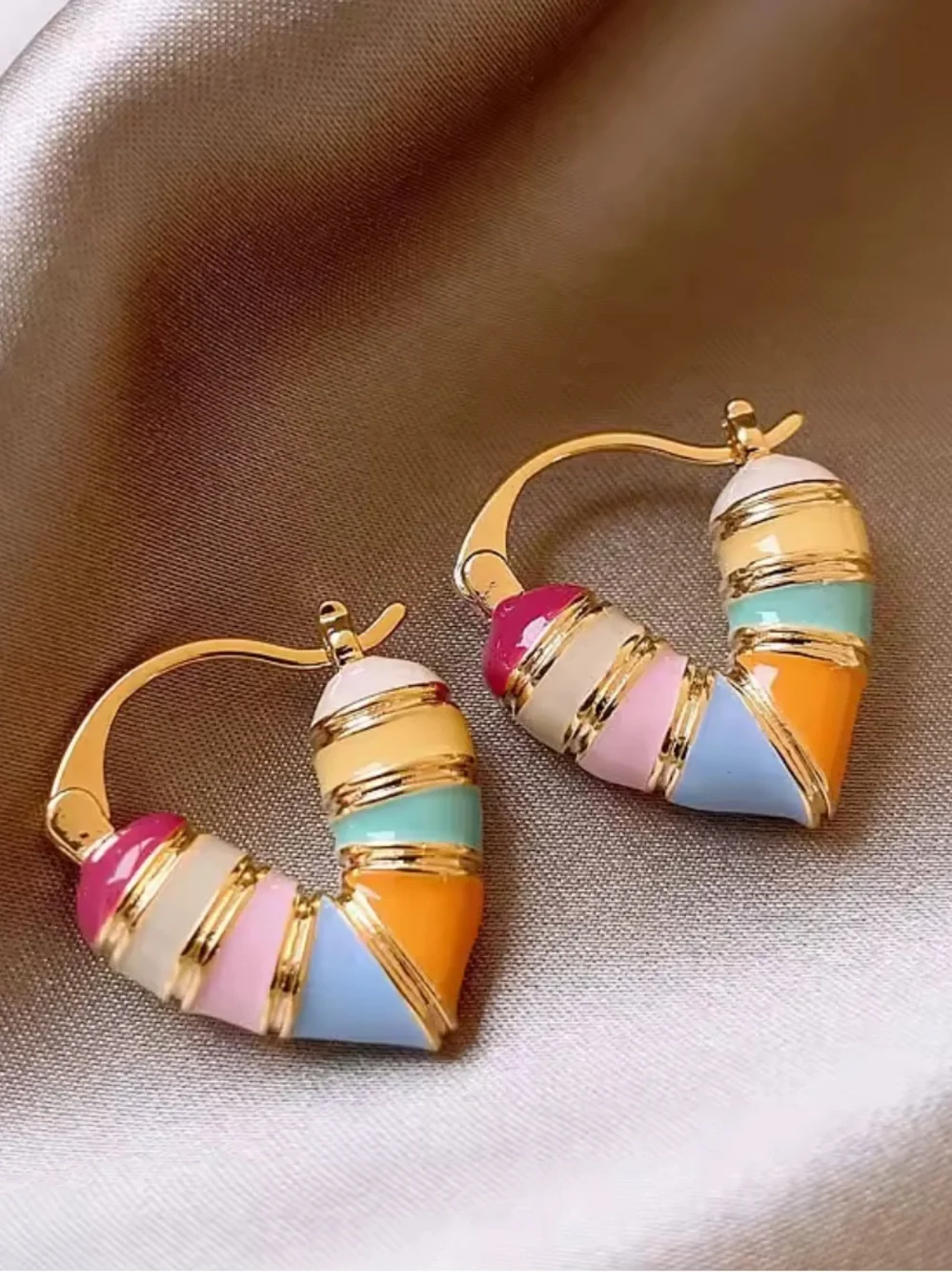 Anthropologie Gold Heart Hoop Earrings with Multicolor Enamel